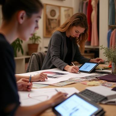 Fashion designers at work, sketching designs