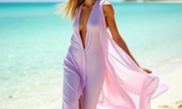 Model in flowing resort wear, pastel colors
